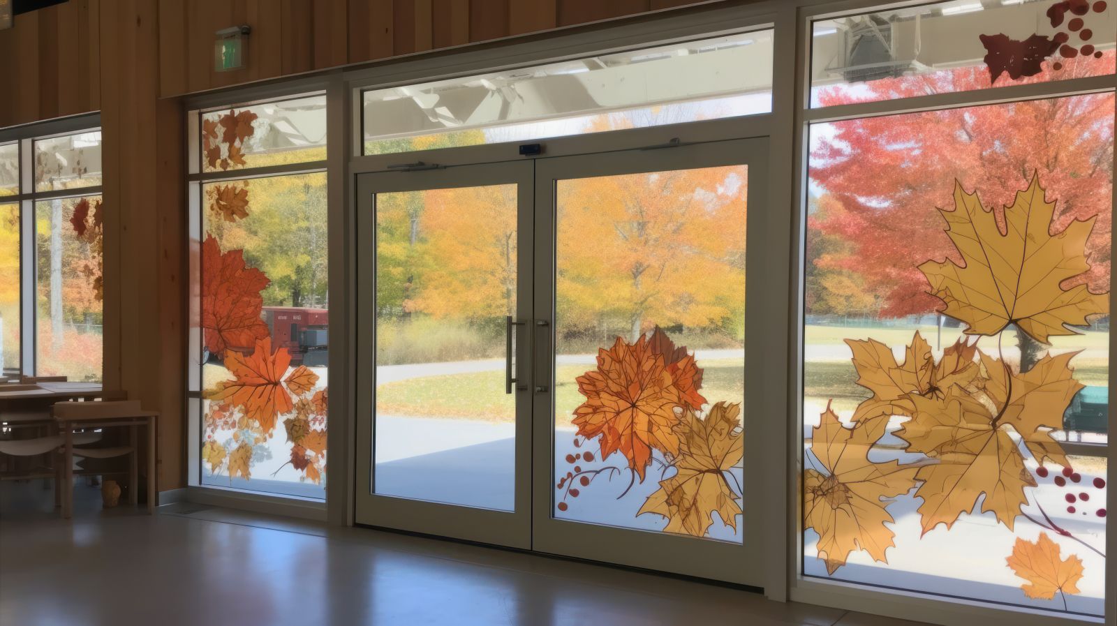 fall leaf window film on storefront windows and doors